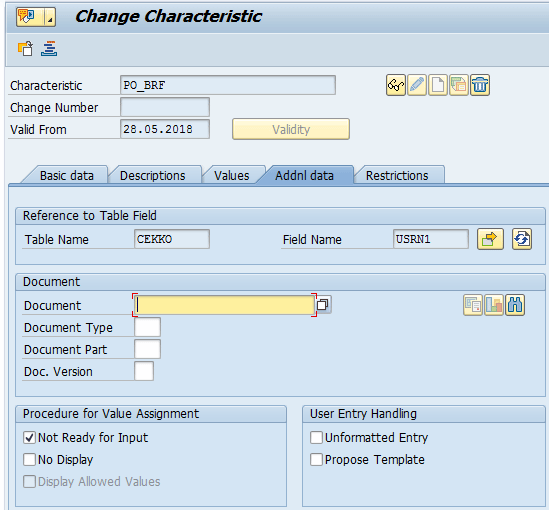 Figure 9 — Define the PO_BRF characteristic and map it to the CEKKO_USRN1 field in transaction CT04