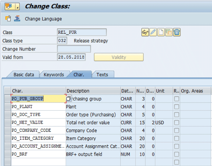 Figure 10 — Assign the PO_BRF characteristic to the REL_PUR PO release strategy class in transaction CL02